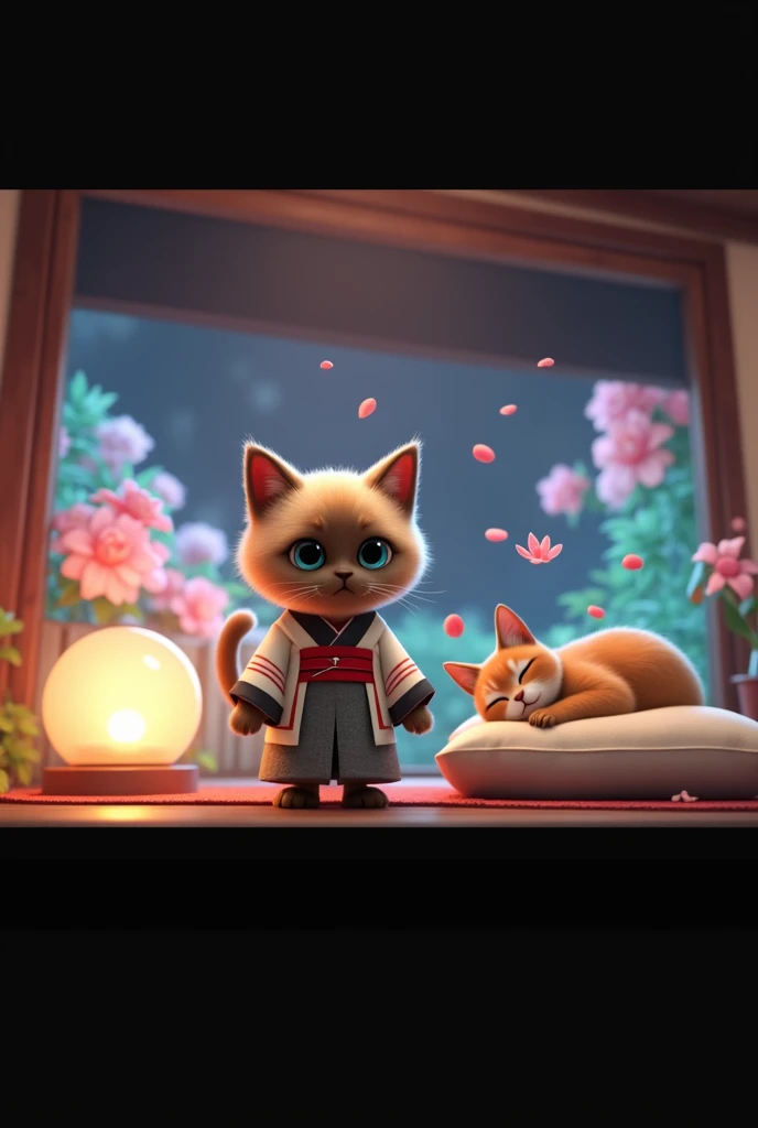 A whimsical illustration featuring a Siamese cat character dressed in a Japanese tunic and red belt, standing over a bed of flowers, a sleeping orange tabby cat rests on a pillow, while a soft glow from a nearby lantern illuminates the scene. The setting has a cozy, rustic feel, with wooden walls and a serene atmosphere. Cinematic style hyperrealistic, high quality, ultra realistic, high quality portrait, Cinematic Background,
