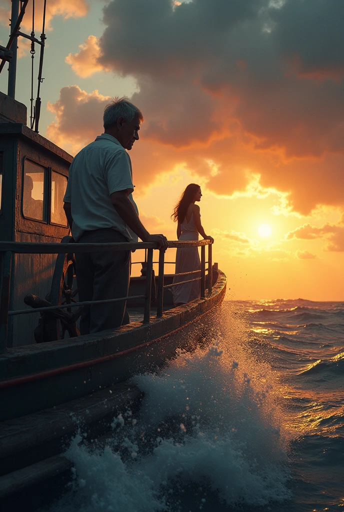 a photo,Shot with Canon EOS camera,Asian,fishing boat上,The old captain is driving the boat in the cockpit,Very big ship,fishing boat,Sunset,Beautiful woman looking at the scenery,Storm at sea,Clouds