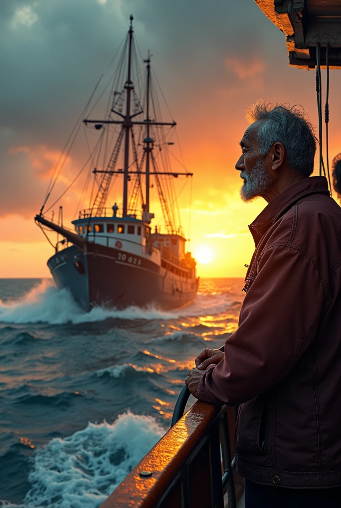 a photo,Shot with Canon EOS camera,Asian,fishing boat上,The old captain is driving the boat in the cockpit,Very big ship,fishing boat,Sunset,Beautiful woman looking at the scenery,Storm at sea,Clouds