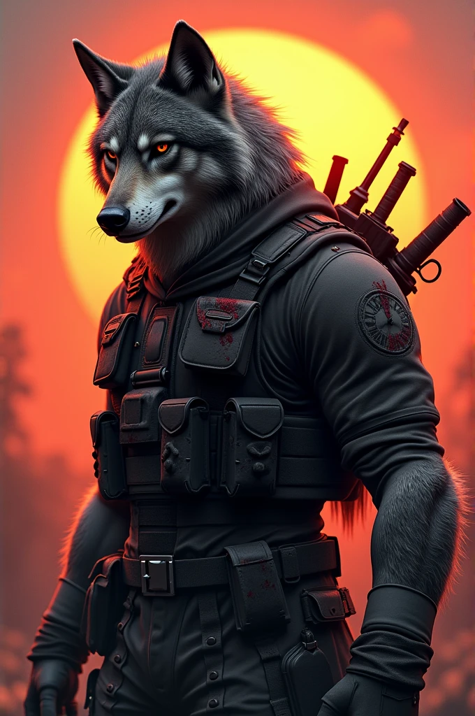 A wolf having blood stains on its forehead, wearing a commando suit and having guns and swords in the back and sunsetting in the background