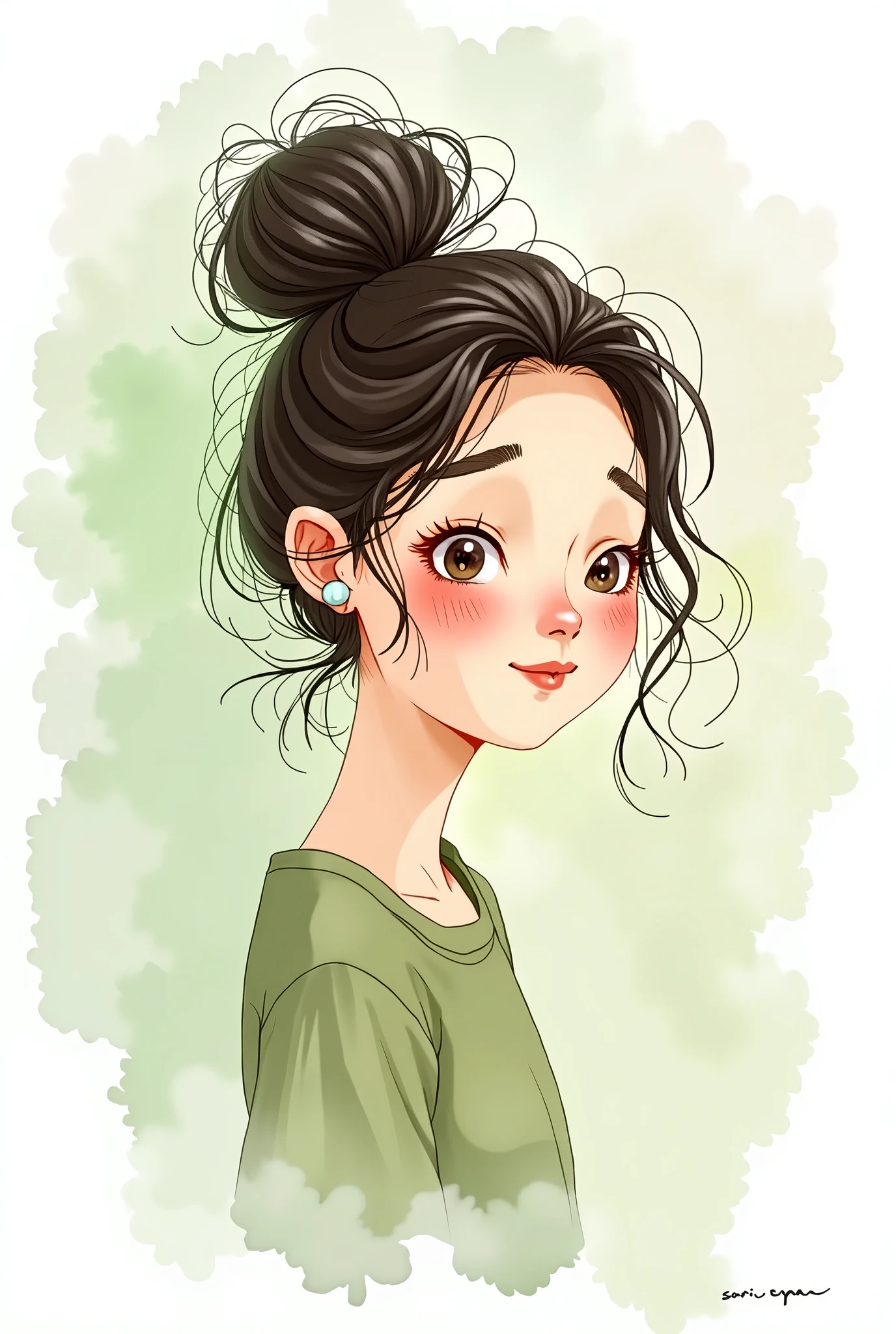drawing, Cartoon Woman, cute, Hair tied up, Grab your hair, watercolor, Pastel green and white tones, pastel colors, Minimalism, สไตล์Minimalism, Portrait, Body image, Focus on the model, Half body type, ข้อความในภาพ Sarin Space,signature, There is a signature stating that “Sarin Space”