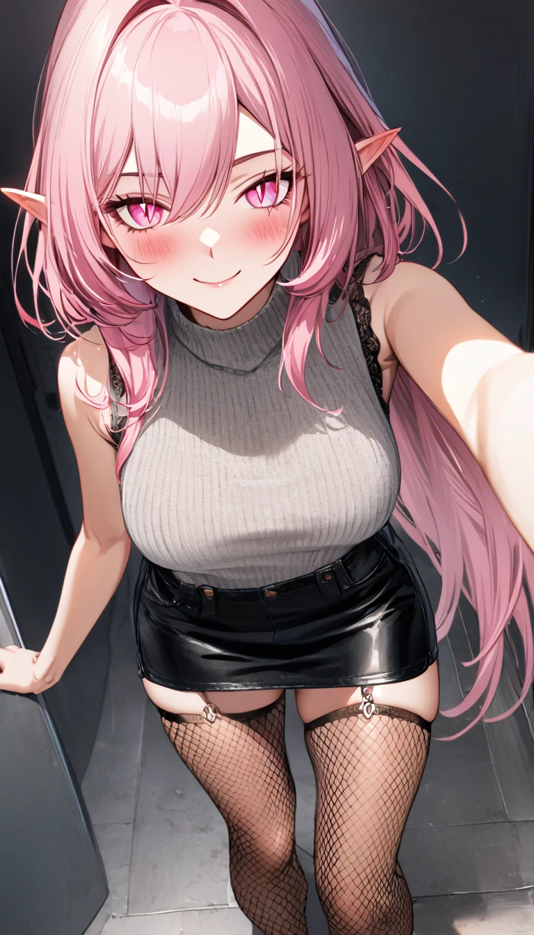 (masterpiece), best quality, ((ultra-detailed)), ((an extremely detailed and delicate)), (8k cg wallpaper), (stunning art), ((illustration)), 1girl, looking at view, elysia \(herrscher of human:ego\) \(Honkai impact\), pointed ears, elf, pink hair, pink eyes, slit pupils, long hair, simple color black background, (streetwear fashion:1.5), (hooded jacket:1.6), (sleeveless knit top:1.5), (mini leather skirt:1.6), (fishnet stockings:1.6), selfie, looking at view, blush, smile