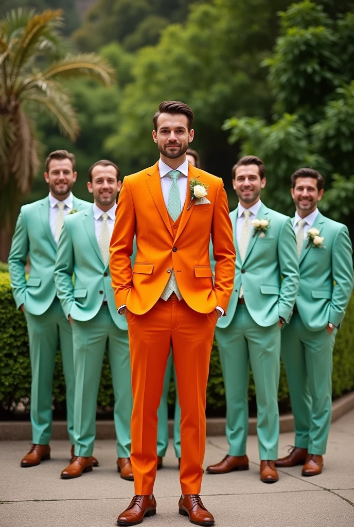 Generate a photo of a groom in an orange suit, orange vest and brown shoes, with 6 groomsmen in light green suits in matching tones