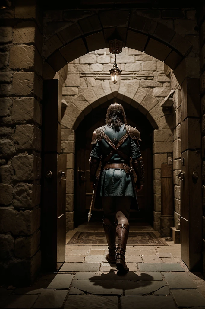 A group of four adventurers stands in front of a massive dungeon entrance, ready for battle. The view is from behind the heroes, looking towards the entrance of a huge, dark cave. The adventurers are dressed in high-fantasy armor and clothing, typical of a Dungeons & Dragons setting. Each character has a distinct look: a heavily armored warrior with a sword, a nimble rogue with daggers, a powerful mage holding a staff, and a cleric with a shield and holy symbol. The entrance to the dungeon is grand and foreboding, with intricate carvings and an aura of mystery. The scene is highly detailed and epic, capturing the tense anticipation before the adventure begins.