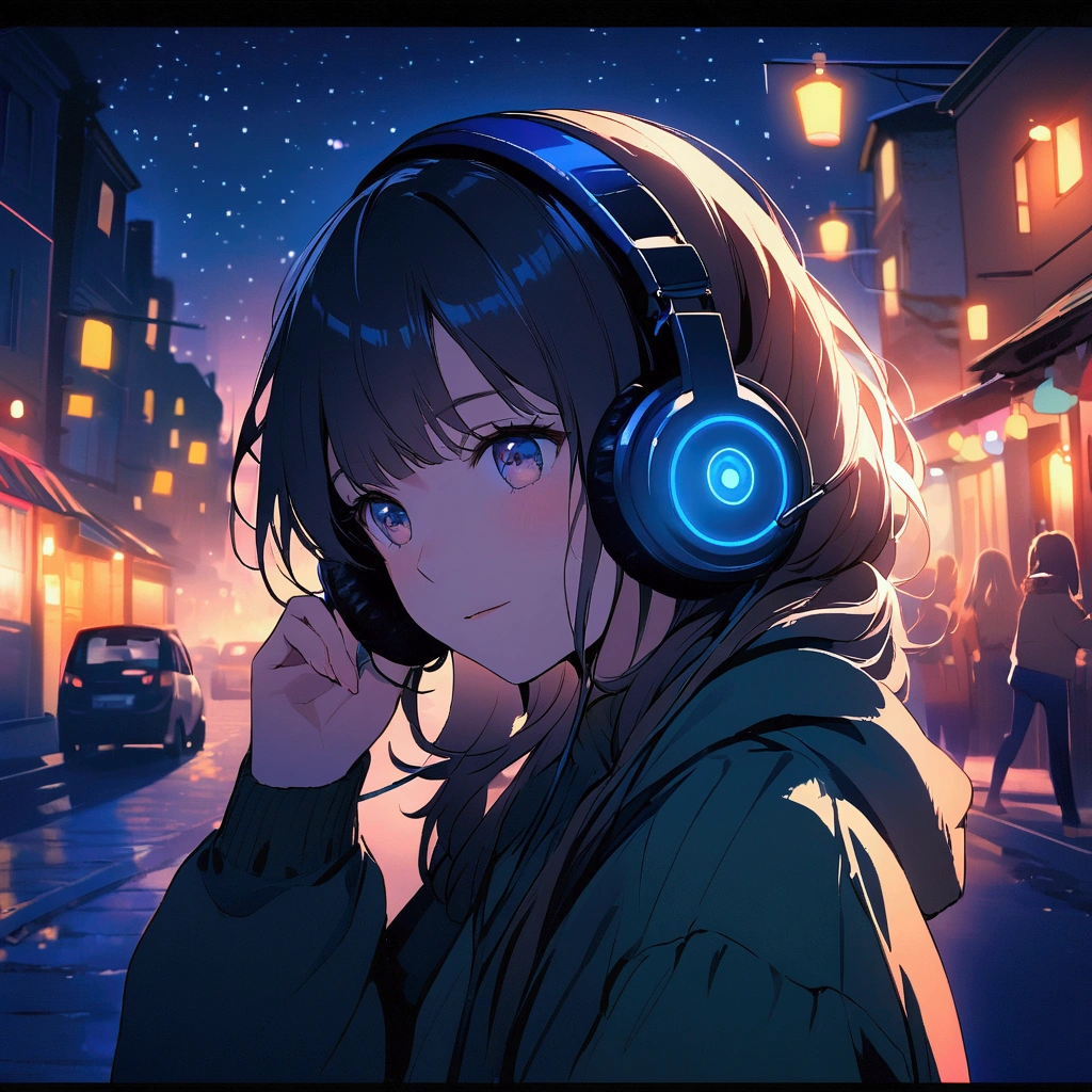 For the image, You could also feature a stylized illustration or a photo of a girl enjoying music., Put on your headphones, Soft lighting and a tranquil outdoor atmosphere、Surrounded by a calm atmosphere、Clean your fingers、Stars in the night sky、The background is night、