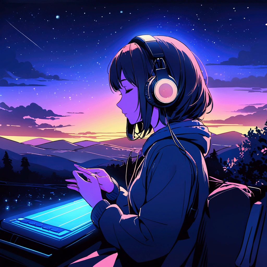 For the image, You could also feature a stylized illustration or a photo of a girl enjoying music., Put on your headphones, Soft lighting and a tranquil outdoor atmosphere、Surrounded by a calm atmosphere、Clean your fingers、Stars in the night sky、The background is night、