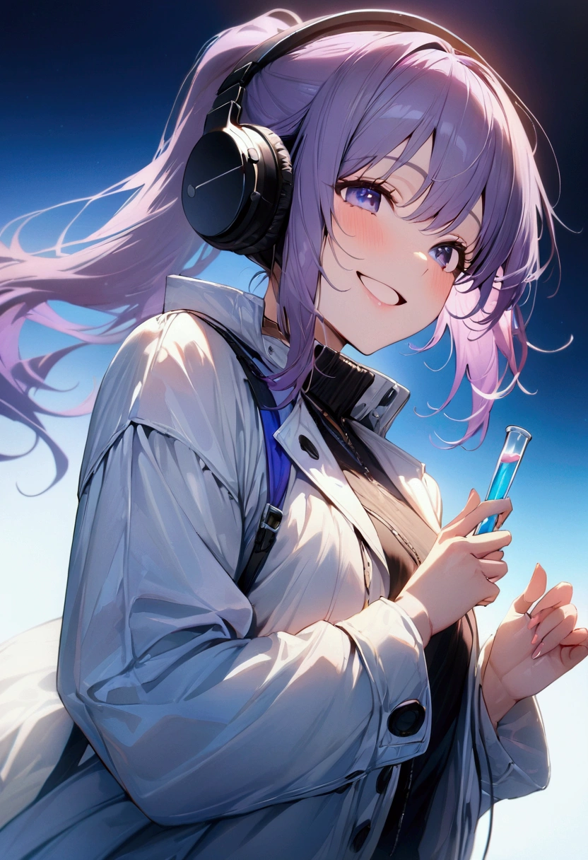 Purple hair color,ponytail,woman,Wearing a white coat,I have a test tube.,Cinema Lighting, (masterpiece:1.2), 最high quality, high quality, High resolution, (Super detailed), Detailed Background, One person,headphone,smile,Light background,blue sky,Have fun and laugh,