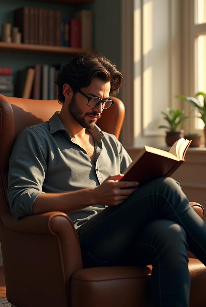 A man sitting on chair reading a book