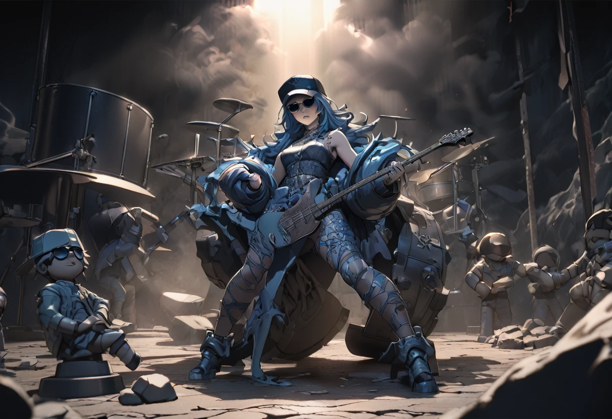 a female heavy metal goddess with a backwards cap and sunglasses, a rock band drummer figure, pvc, fbx, 1girl, solo, beautiful detailed lips, long eyelashes, cinematic lighting, dramatic lighting, dark moody lighting, turbulent atmosphere, gritty, grunge, dramatic shadows, intense colors, dramatic color palette, moody colors