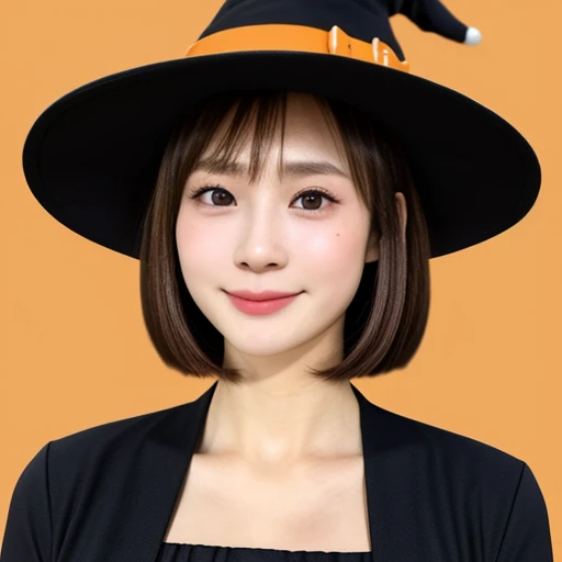 (kawaii 24 year-old Japanese girl, Nogizaka idol, Korean idol), healthy female athlete body, (glossy brown hair, short hair, pixie cut, bangs:1.3), (rounded face, beautiful black eyes, single eyelid, no makeup:1.2), (looking at viewer, soft smiling), (wearing witch's hat, long sleeved witch's costume:1.3), perfect shaped extra small breasts, BREAK, (lodge background, halloween pumpkin on back:1.2), (dynamic angle, bust shot:1.3),  BREAK, (masterpiece, best quality, photo realistic, official art:1.4), (UHD, 8K quality wallpaper, high resolution, raw photo, golden ratio:1.3), (shiny skin), professional lighting, physically based rendering, award winning, (highly detailed skin, extremely detailed face and eyes, anatomically correct), Carl Zeiss 85 mm F/1.4, depth of field, 1girl, solo,