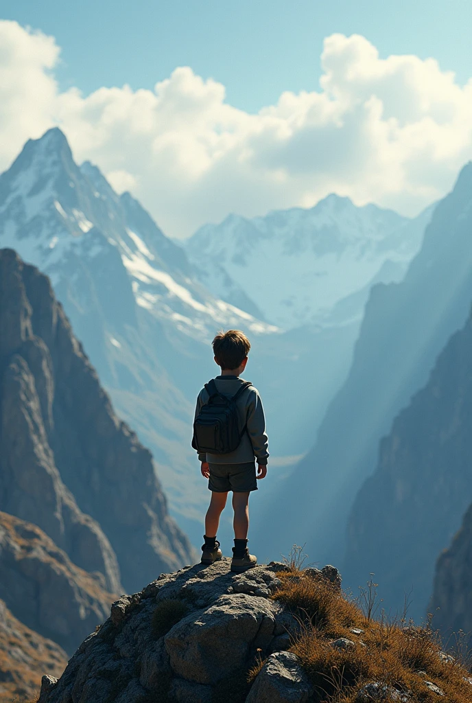 A pic taken from behind of a boy standing on a mountain