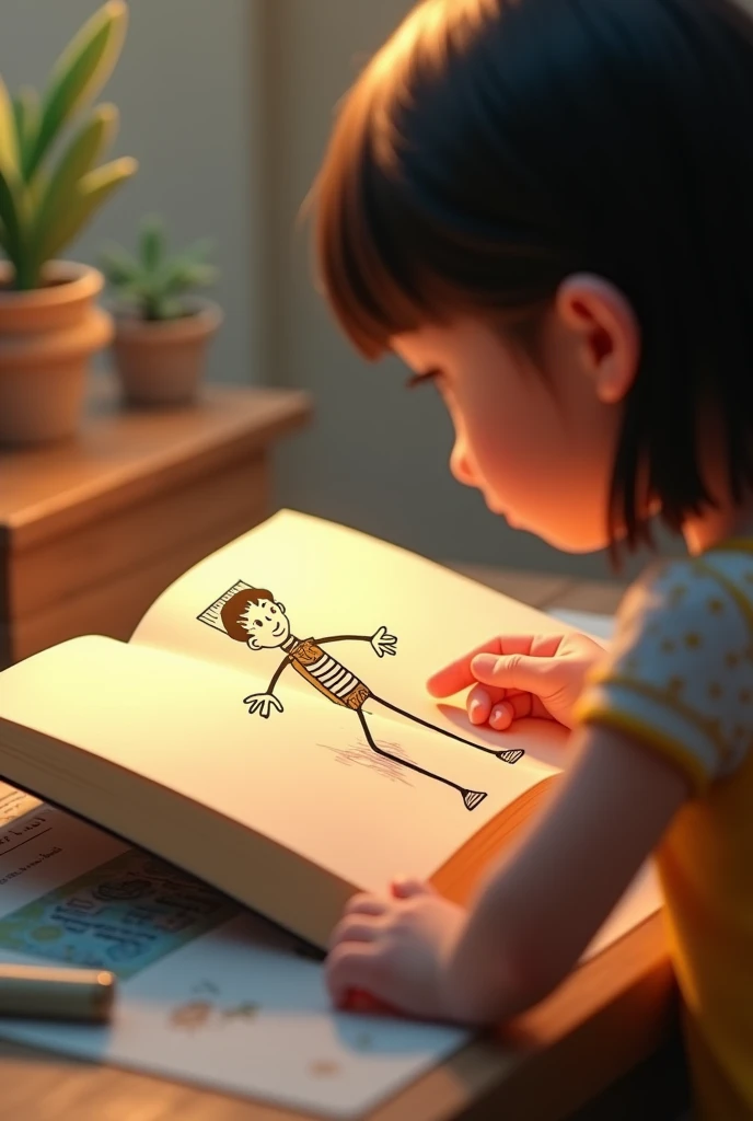A girl she draw astick moving ina book in video on 3d