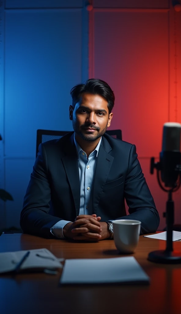 of a 2 Indian speaker confidently seated at a desk in a dimly lit studio. The speaker is wearing a suit and has a normal expression. He is seated in front of a soft blue and red backdrop. There is a professional microphone nearby and a cup and some papers on the desk. The speaker gazes directly into the camera lens, exuding charisma and authority.