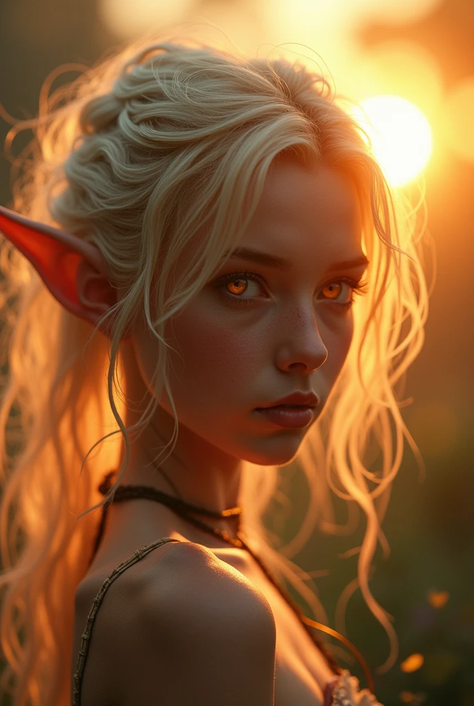 (Realystic:1.4), analog photo style, full body shot, A breathtaking elf, radiant with blonde hair, ultra-photorealistic, surreal, (masterpiece), messy hair, beautiful face, her delicate features illuminated by the soft glow of the setting sun, cinematic light, shy look to the camera, (((glowing orange eyes))), perfect anatomy, sunset, multicoloured smoke on background, dark fantasy atmosphere, deep shadows with the some sun rays, a delicate balance between reality and fantastic, faded colours, Masterpiece, most detailed blurred surreal background, naturally textured, 6k quality, ilford delta 400, film grain, bokeh.