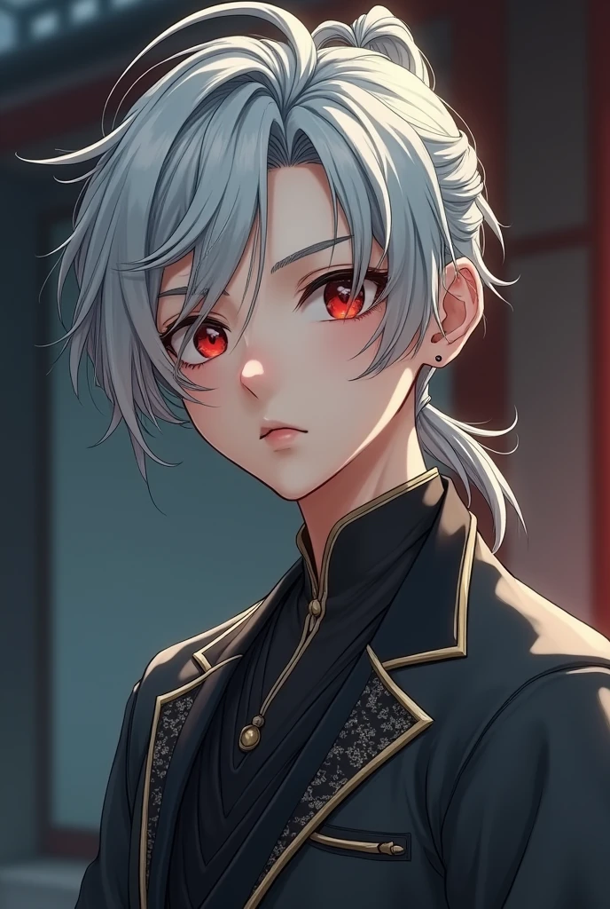A teenage boy with silver hair、She has her hair tied up in a ponytail。Wearing Chinese-style clothing、The presence of a mole on the tear trough is characteristic.。In sophisticated style、Has a mysterious and cool vibe。
