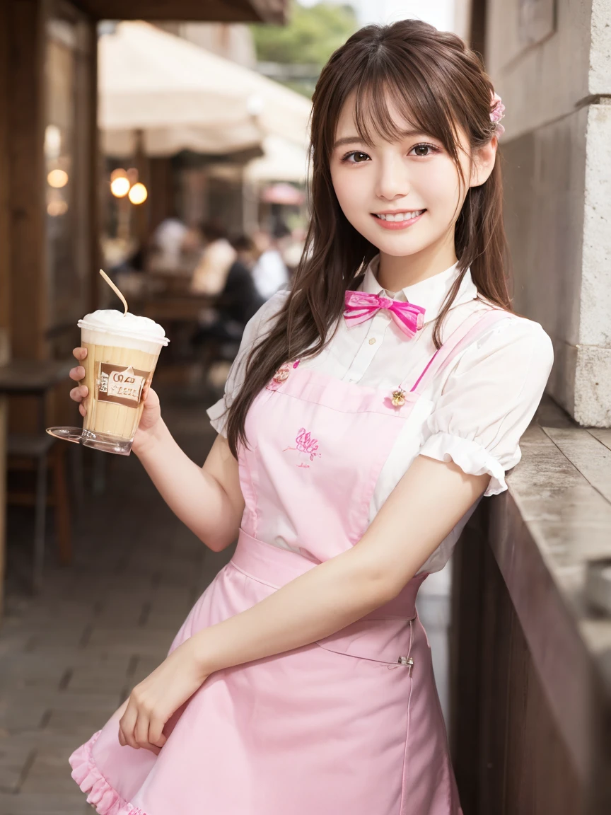 1 girl、(RAW Photos、Highest quality)、(Real、フォトReal:1.4)、Tabletop、Very delicate and beautiful、Very detailed、2k wallpaper、wonderful、Detailed、Very detailedCG Unity 8k壁紙、Super detailed、High resolution、Pink waitress outfit、Long skirt、Frills、apron、ribbon、Soft Light、Beautiful detailed girl、Cafeのウエイトレス、Very detailed目と顔、smile、Happy Face、Cafe