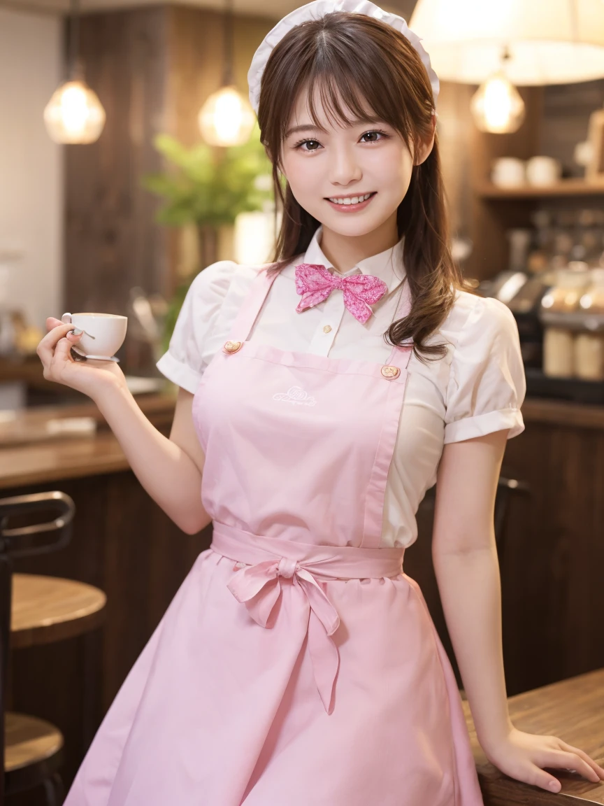 1 girl、(RAW Photos、Highest quality)、(Real、フォトReal:1.4)、Tabletop、Very delicate and beautiful、Very detailed、2k wallpaper、wonderful、Detailed、Very detailedCG Unity 8k壁紙、Super detailed、High resolution、Pink waitress outfit、Long skirt、Frills、apron、ribbon、Soft Light、Beautiful detailed girl、Cafeのウエイトレス、Very detailed目と顔、smile、Happy Face、Cafe