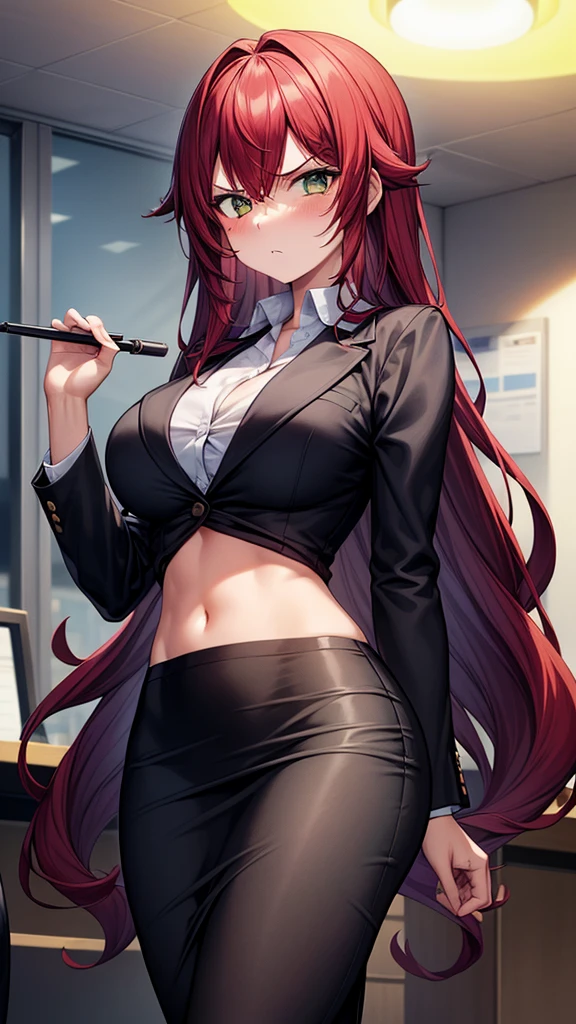 masterpiece, best quality, high detail, (1girl), beautiful angry business woman, solo focus, long wavy hair, red hair, (black blazer), (black midi pencil skirt), ((long skirt)), wide hips, midriff, navel, office interior,