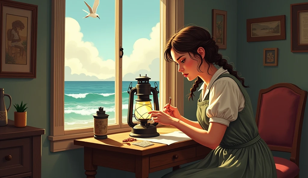 Character Description: Lily is dedicated and creative, reflected in her actions as she carefully works on the old lantern. Her braid is a bit loose, and her simple dress shows signs of wear, indicating her hardworking nature. Her expression is one of quiet concentration.
Prompt: A vintage-style illustration of Lily sitting at a small wooden table by the window, carefully polishing the old lantern until it gleams. The room is cozy and filled with warm light, with simple but sturdy furniture. Outside, the ocean waves crash gently against the shore, and a seagull can be seen flying by. Lily’s focused expression reveals her determination to make the lantern as valuable as possible