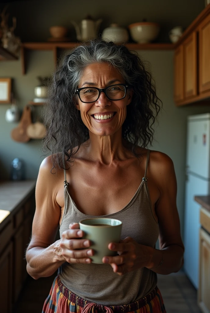 Realistic image of a rustic 5 black woman from the northeast, with a rustic face with expression lines of age and wearing prescription glasses with a large, thick frame, coily hair, long, thick, tousled black hair with gray tones, Prominent nose, full and drooping mouth, thin and tall body phenotype, big buttocks, with thick legs, thick thighs, natural breasts, small and flaccid,  totally naked, is standing smiling and imposingly holding a coffee cup in a humble kitchen of a Brazilian shack.