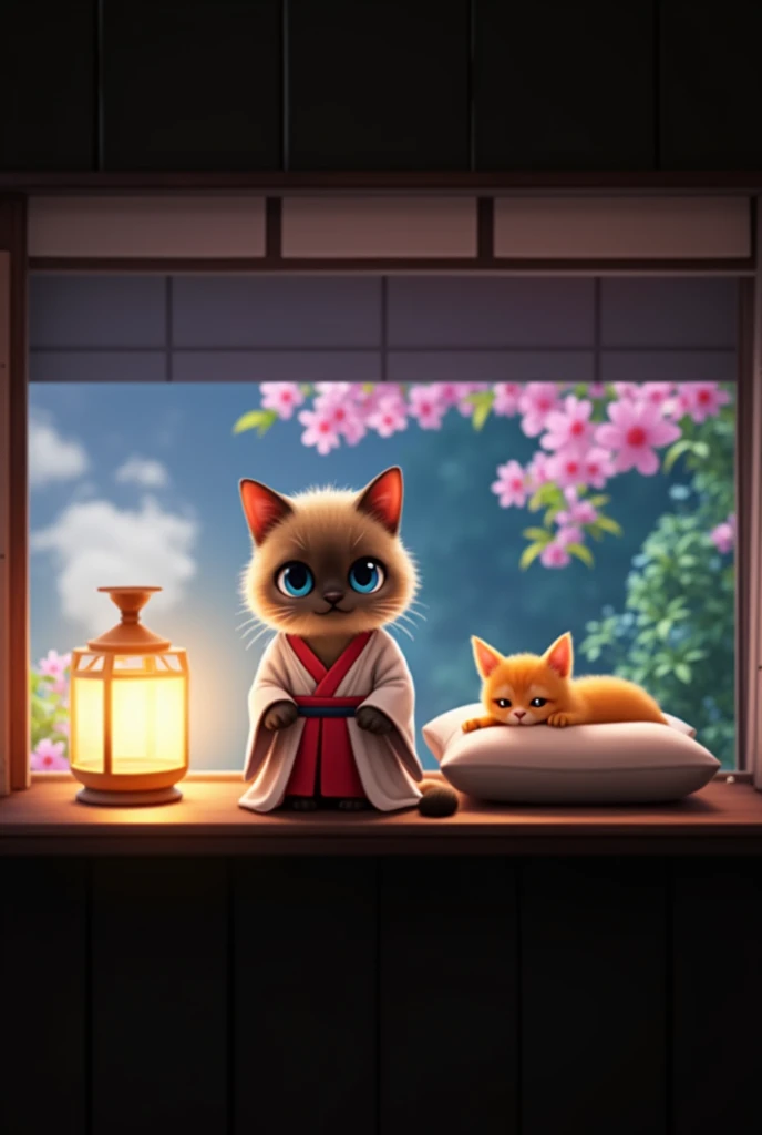 A whimsical illustration featuring a female Siamese cat character dressed in a Japanese outfit and red belt, standing over a bed of flowers, a sleeping orange tabby cat rests on a pillow, while a soft glow from a nearby lantern illuminates the scene. The setting has a cozy, rustic feel, with wooden walls and a serene atmosphere. Cinematic style hyperrealistic, high quality, ultra realistic, high quality portrait, Cinematic Background,