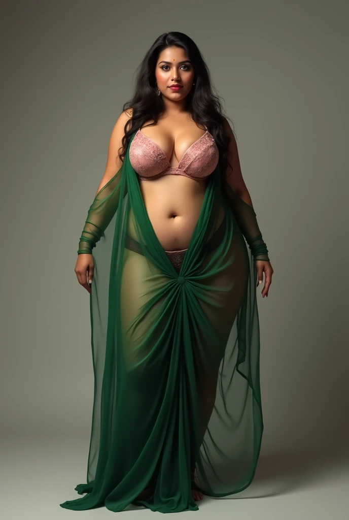 A sexy thick gujarati indian lady with a very huge round shining hanging and long cleavage line visible in a sexy folded green trandprent saree & pink single tripe bra. Also revealing her underarms and Navel. And spread leg pussy showing