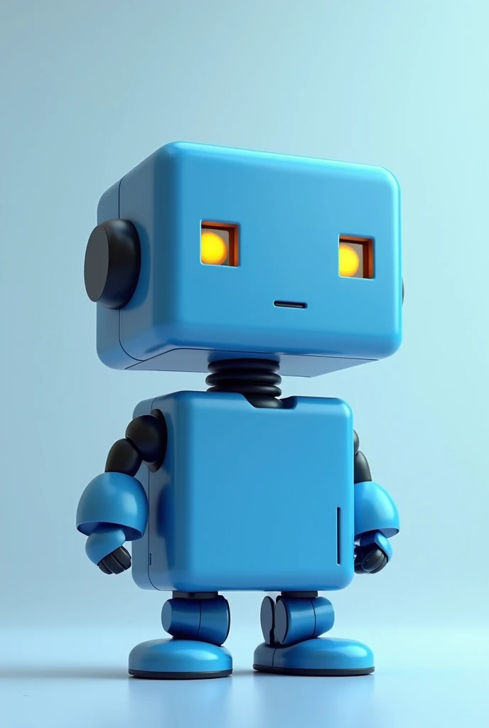Create an image of a blue robot with square yellow eyes and a square body and a short neck