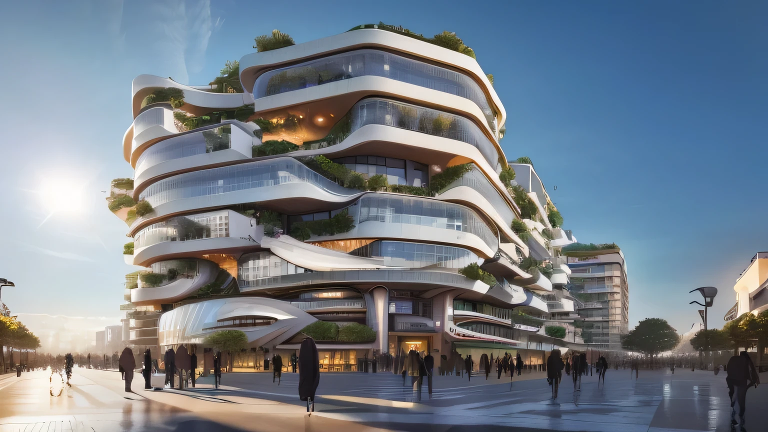 a rendering of a building with a lot of people walking around it, vincent callebaut, realistic architecture, mantra rendering, architectural render, sustainable architecture, two organic looking towers, architectural rendering, skyscrapers with greenery, by Seb McKinnon, award-winning render, architectural visualization, foster and partners, architecture render, wide angle exterior 2022, future architecture