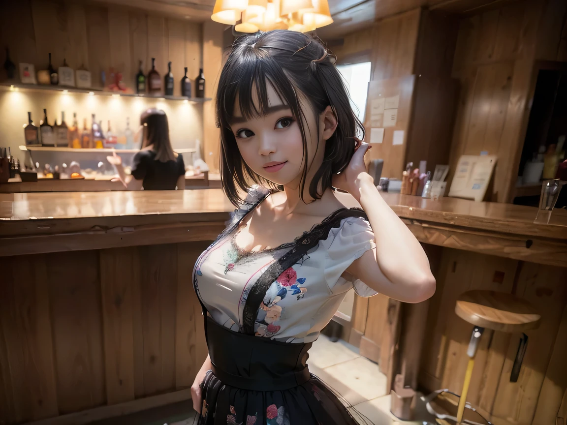 (Highest quality, masterpiece, Ultra-high resolution, 8k, RAW Photos, Realistic, Anatomically correct:1.5), 20-year-old girl:1.2, Embarrassing, avert your eyes, blush:1.0, View Viewer, ((bar)) 、Large windows、Night view、 Light:1.2, Bokeh, Cinema Lighting:1.0, Depth of written boundary, sharp、 Cute Face、Idol、(Black short sleeve lace top)、(Black tulle skirt)、(Black clothing)、(Floral clothes)、”dwarf”、(Full Body Shot)、(Side angle)、Cowboy Shot、( smile)、((Ultra short hair、Berry Short))、(Straight bangs)、((See-through))、(( One woman))、look back、I can see your belly button、