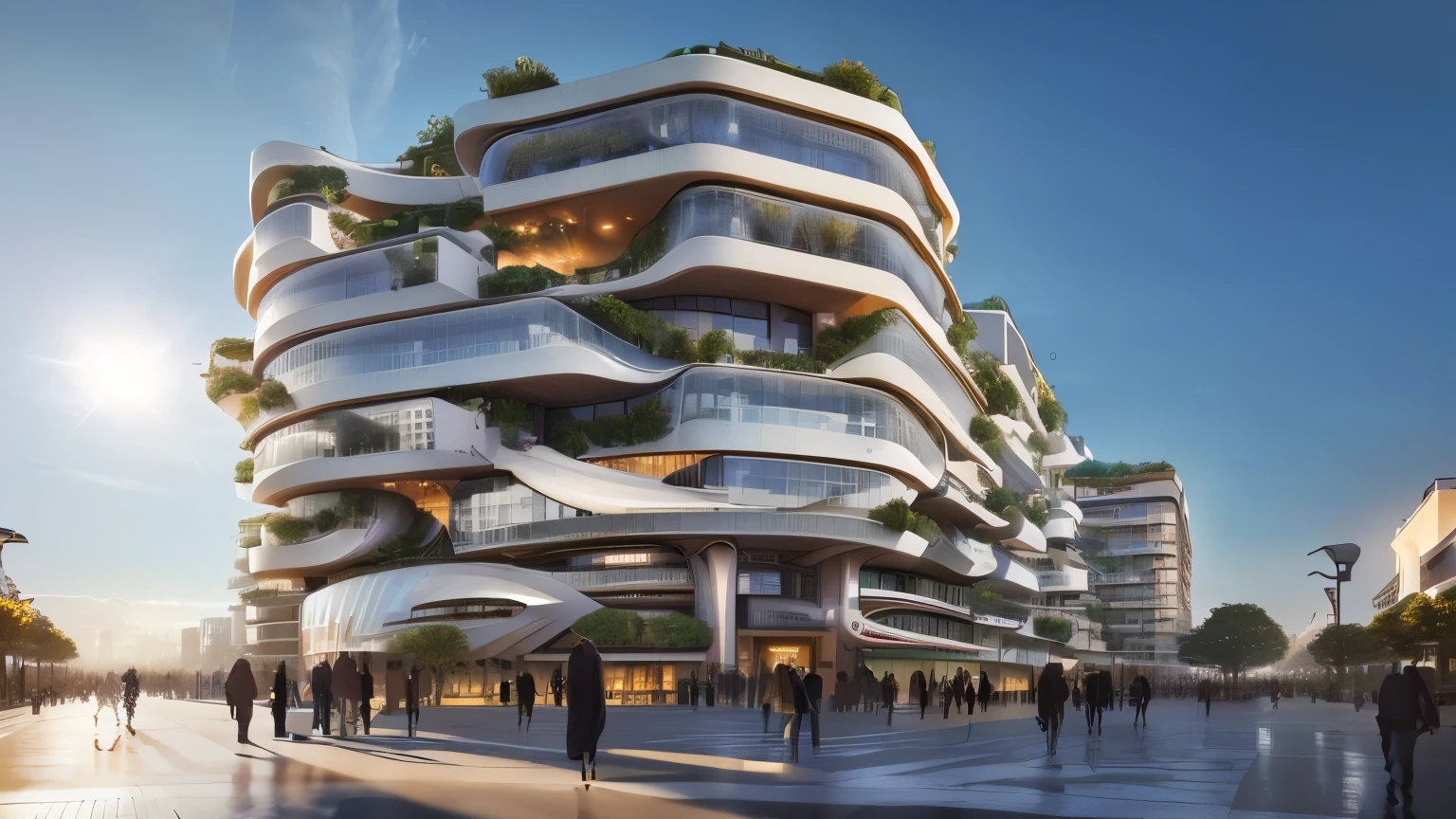 a rendering of a building with a lot of people walking around it, vincent callebaut, realistic architecture, mantra rendering, architectural render, sustainable architecture, two organic looking towers, architectural rendering, skyscrapers with greenery, by Seb McKinnon, award-winning render, architectural visualization, foster and partners, architecture render, wide angle exterior 2022, future architecture