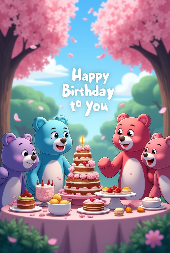 Birthday images amidst cherry blossom trees in the Minecraft world. From right to left, a blue bear with a moon-shaped belly is about to give a gift but trips and falls. A pink bear with a red heart-shaped flower belly is happy for its 20th birthday. A light pink bear with a rainbow-shaped belly is shocked to see me trip and fall. A smiling purple bear is pointing and laughing at the blue bear with a moon-shaped belly. Desserts on the high table include macarons, dark chocolate cupcakes, fruit juice, orange juice, a 2-tiered fruit cake, and a vase of white lilies. There is the word "Happy birthday to you" in an artistic and anime style.