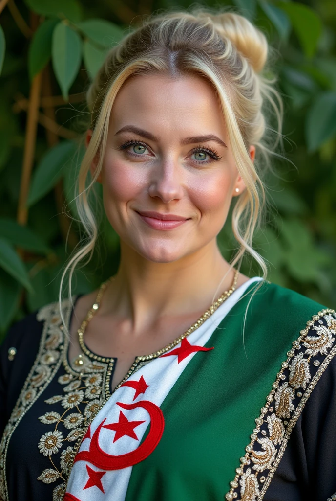 Close-up of a blonde, plump woman wearing a black and white embroidered and patterned dress. Algeria flag drawn in white and green, perfect clarity of the entire image, sharpness of the face and eyes, intricate details 64k 32k HDset green nature background