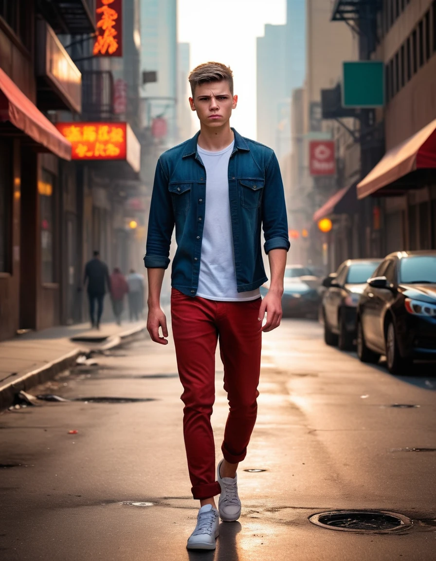 full body photo
a young handsome man crew cut hair (walking towards:1.1) the viewer through a red dreary simmering busy city filled with crime and lawlessness, hands in his pockets, (empty handed, nothing in his hands:1.1).
he keeps a ticket in his pocket with a biro and a lighter, a reminder of lost connections,
a temporary token to hide the desperation,
such a meticulous fellow, sallow, introspective, scowling, solitary mister,
deep breathing so that he doesn't spit pain, if you catch his eye is there any sign of life.
ziprealism junkworld 