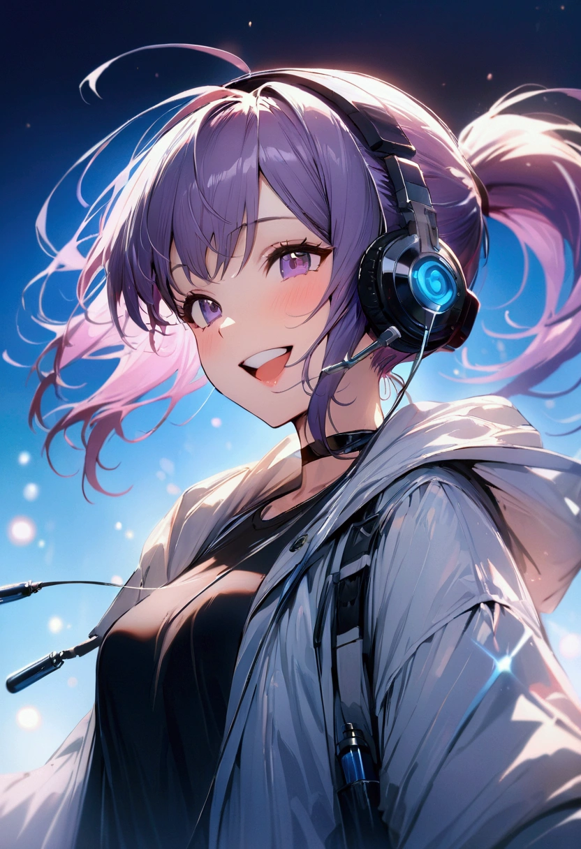 Purple hair color,ponytail,woman,Wearing a white coat,I have a test tube.,Cinema Lighting, (masterpiece:1.2), 最high quality, high quality, High resolution, (Super detailed), Detailed Background, One person,headphone,smile,Light background,blue sky,Have fun and laugh,