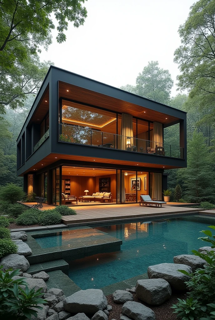Situated on a large wooded lot, The house of your dreams is a harmonious combination of contemporary architecture and natural elements. With an imposing glass and wood facade, The two-story residence blends seamlessly into the surrounding landscape. The spacious interior is flooded with natural light thanks to large windows that stretch from floor to ceiling..

On the ground floor, The open concept living room flows smoothly into the gourmet kitchen, Equipped with high-end appliances and a central marble island. A cozy office filled with bookshelves offers a quiet retreat for working or reading. above, The master bedroom is an oasis of tranquility, with private balcony and private bathroom with hot tub. Two spacious guest bedrooms and a shared bathroom complete the second floor.. The basement was transformed into a leisure area, with movie theater, wine cellar and gym. abroad, A wooden deck leads to an infinity pool, Surrounded by a meticulously maintained landscaped garden, creating a private haven for relaxing and entertaining friends and family.