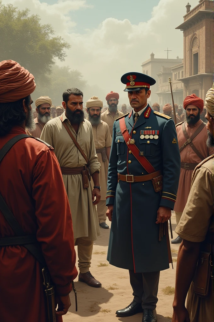 "British Colonial Strategy in India"
"A historical representation of British officers instigating a divide between different Indian communities based on religion and caste. The scene features Indian villages in the background, with visible signs of unrest. The British officials are portrayed as calm and calculating, while the Indian leaders appear conflicted and uncertain."