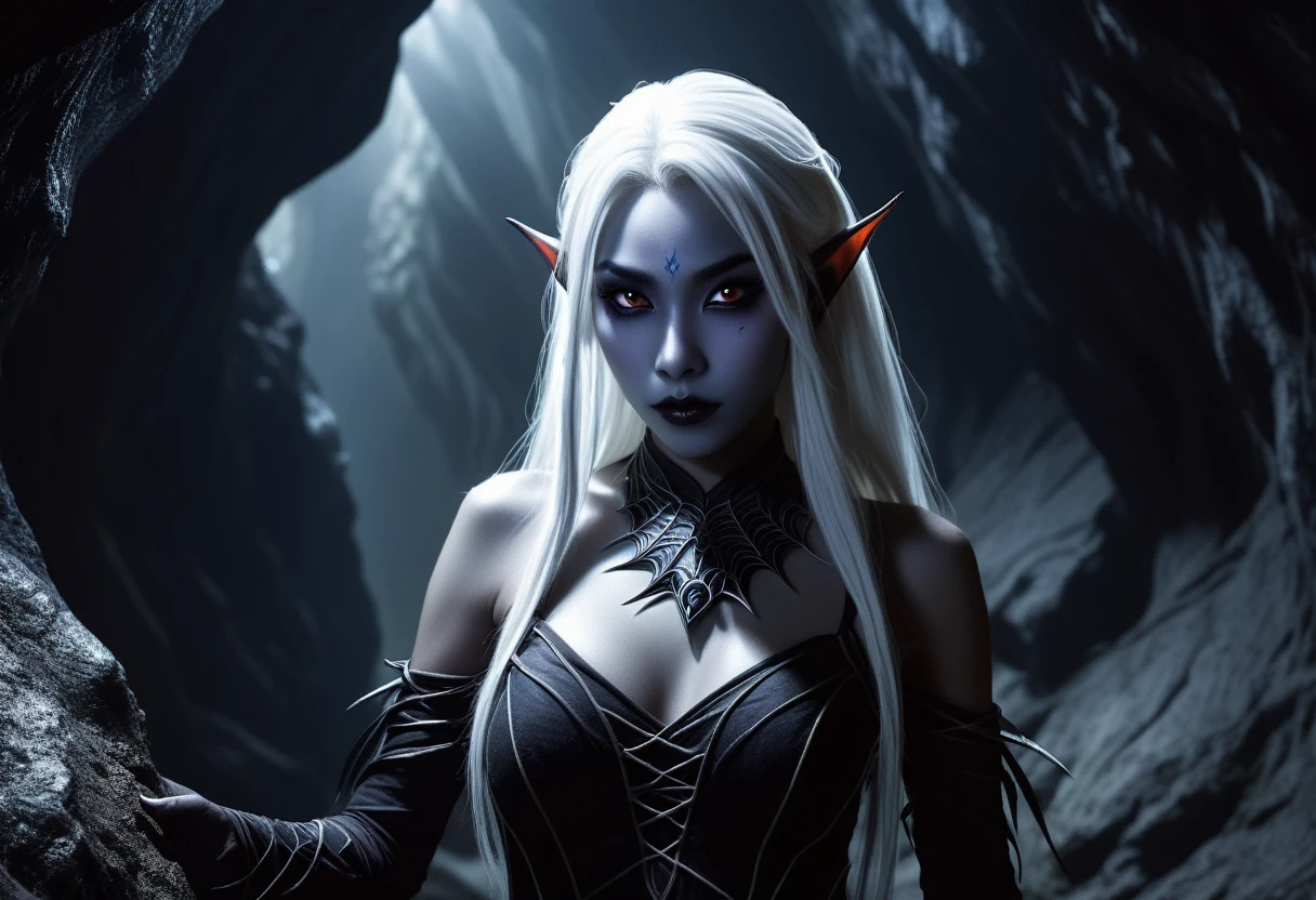 a creepy drow elf (Yuna, spider like features) wanders through a deep dark cave, demon twisted, evil