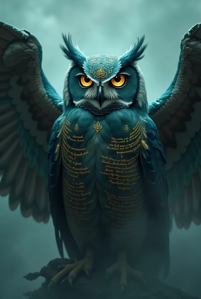 Owl tears shroud with open wings, eyes shining in gold and turquoise blue and golden writings on his body