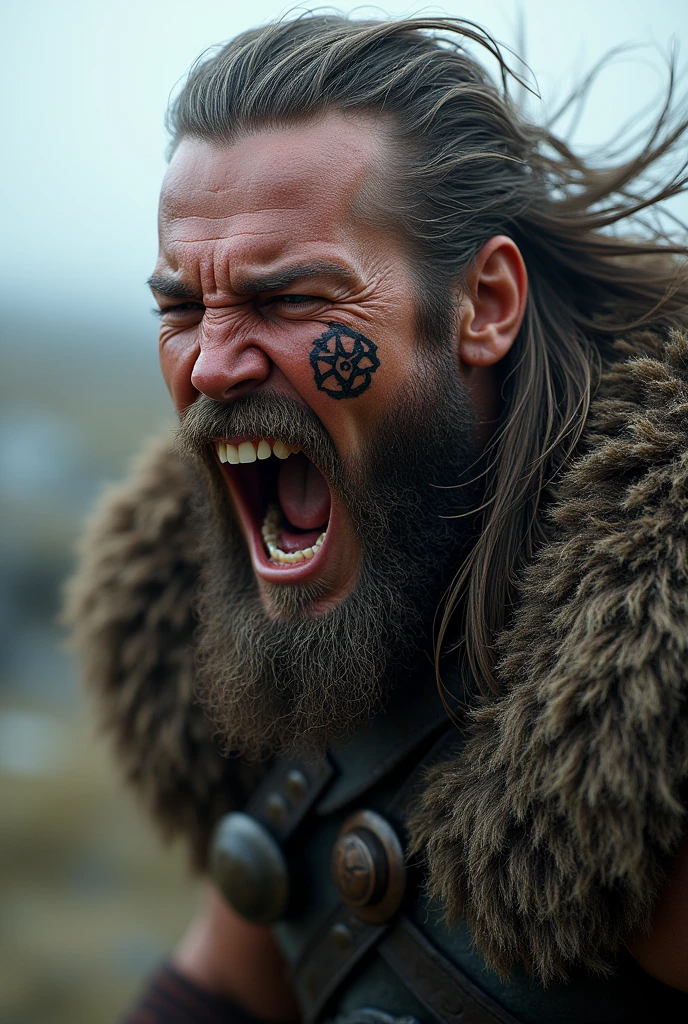  Viking warrior with realistic long hair screaming with his teeth bared with a nordic tattoo around his eye and with his eyes open 