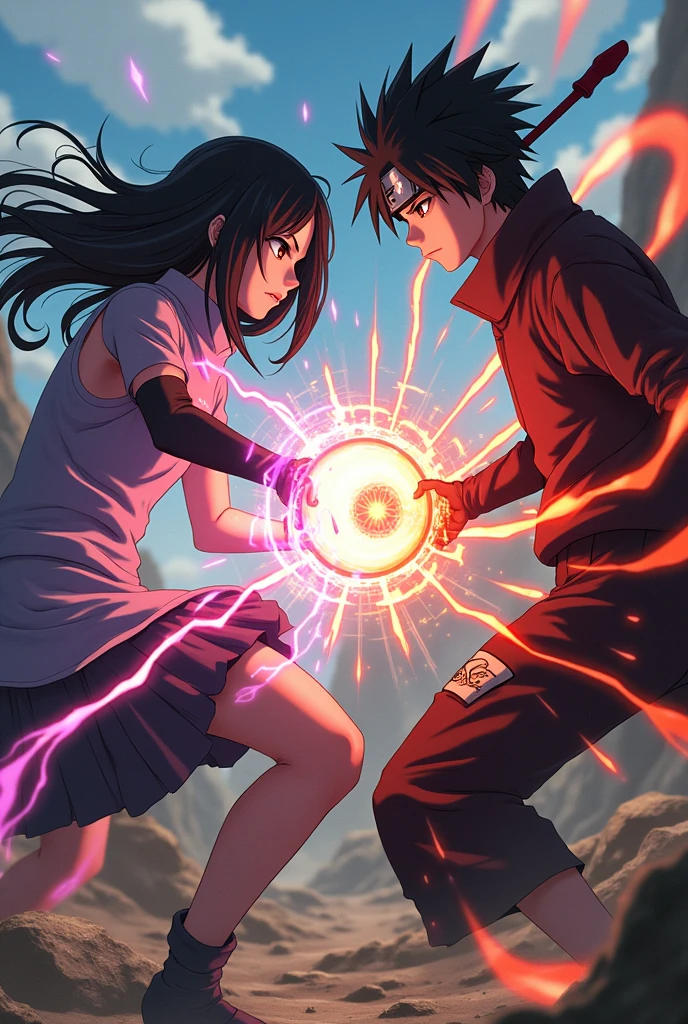 Make a girl as an uchiha and boy as hyuga make them fight like naruto and sasuke the girl uses chidori and the boy uses a rasengan
