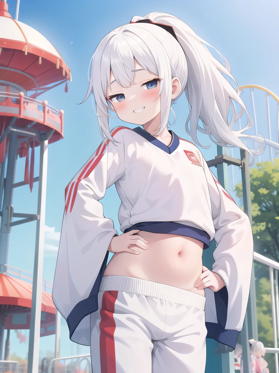 Japan,White Hair,ponytail,girl,1 person,child,,Gym suit,Location: Amusement park,belly button,Handsome face,Grinning face、Place hands on hips,