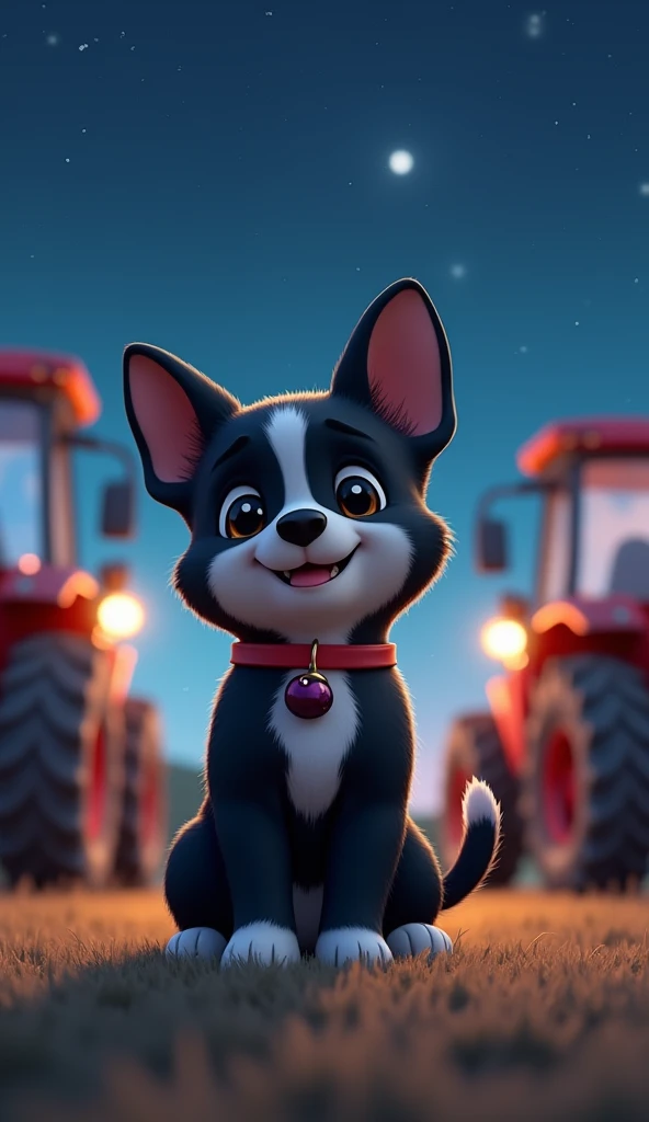 Masterpiece. 16K. UHD. High quality, Photorealism. Thematic background.
Cute happy Guard Puppy. Black puppy with a white stripe on his muzzle from forehead to mouth. Large white spot on his chest. White paws. A pendant in the form of a small eggplant hangs on his collar. Starry night. Guards agricultural machinery.
Stunning full-color design, sharp focus, studio shooting, intricate details, high detail, detailed anatomy. Hyperrealism.