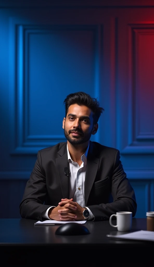 of a 1 Indian speaker confidently seated at a desk in a dimly lit studio. The speaker is wearing a suit and has a normal expression. He is seated in front of a soft blue and red backdrop. There is a professional microphone nearby and a cup and some papers on the desk. The speaker gazes directly into the camera lens, exuding charisma and authority . hairstyles