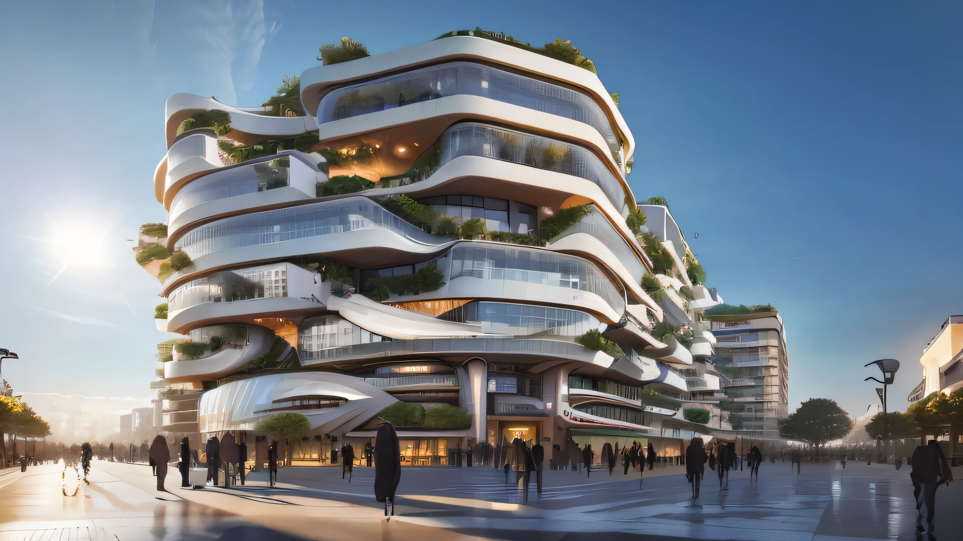 a rendering of a building with a lot of people walking around it, vincent callebaut, realistic architecture, mantra rendering, architectural render, sustainable architecture, two organic looking towers, architectural rendering, skyscrapers with greenery, by Seb McKinnon, award-winning render, architectural visualization, foster and partners, architecture render, wide angle exterior 2022, future architecture