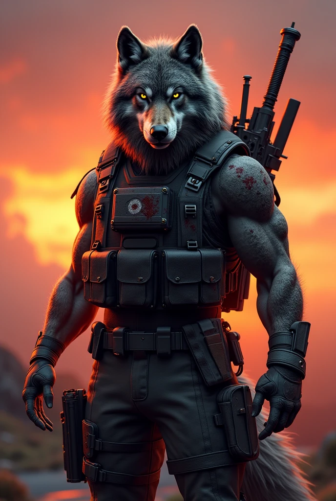 A wolf having blood stains on its forehead, wearing a commando suit and having guns and swords in the back and sunsetting in the background