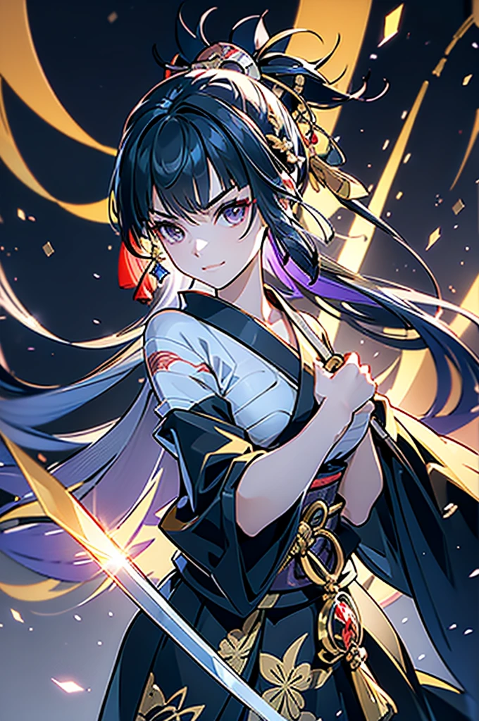 ((roll up bandage sideways on a  chest tightly to cover the chest without gaps)), flat chest,Japanese Gangster BOSS, adult woman with the dignified presence, Killing Qi, don't wear around shoulder, around ne]ck is nude, wear the kimono from the waist down, ((kimono come off)) ,wear the kimono multiple times, Bare shoulders and the clavicle, black and gold kimono, put on over jacket of kimono, (holding a japanese sword which shine in purple, The handole of the sword is black, and the blade is gray, long sword), eye fire, low angle, whole body, bandage is seen, anime character, Glaring, off sholder, nappropriate smile, Excellent, black blue hair, can see both shoulder, long hem
