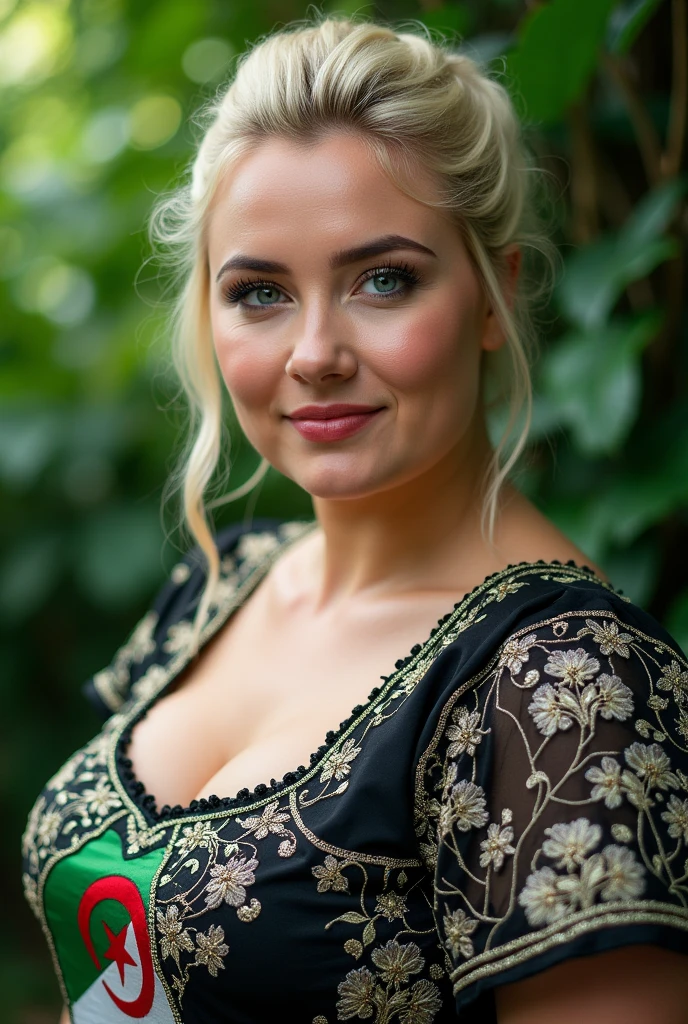 Close-up of a blonde, plump woman wearing a black and white embroidered and patterned dress. Algeria flag drawn in white and green, perfect clarity of the entire image, sharpness of the face and eyes, intricate details 64k 32k HDset green nature background