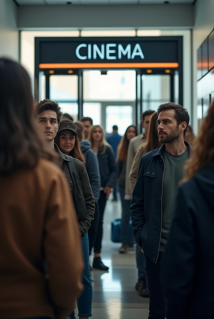 People standing in cinema gate
where security check her