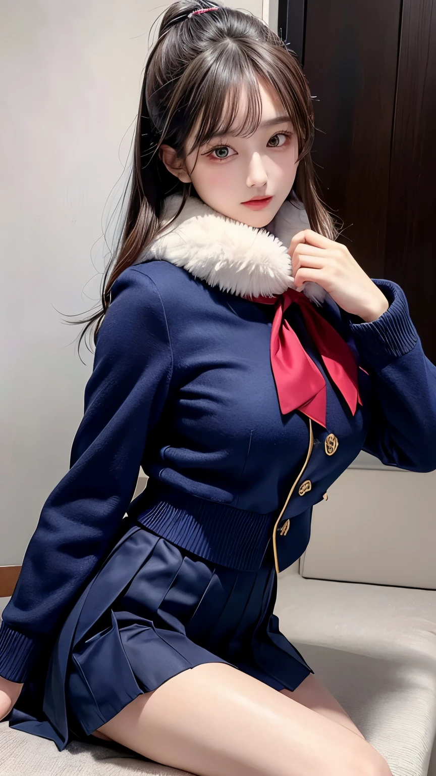 ((best quality)), ((masterpiece)), (detailed), perfect face, beautiful Japanese 1 woman, silk tight navy blue moncler puffer coat, seductive, face and body focus, large breasts, school uniform, silk blouse, pleated skirt, photorealistic, fluffy fur hood, photorealistic, photograph, shiny blouse, silk tie