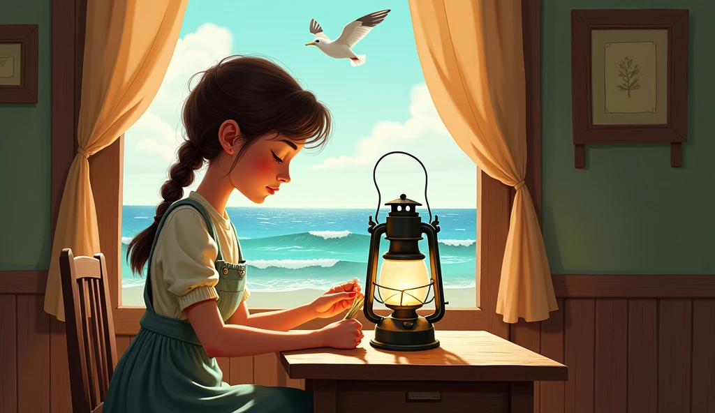 Character Description: Lily is dedicated and creative, reflected in her actions as she carefully works on the old lantern. Her braid is a bit loose, and her simple dress shows signs of wear, indicating her hardworking nature. Her expression is one of quiet concentration.
Prompt: A vintage-style illustration of Lily sitting at a small wooden table by the window, carefully polishing the old lantern until it gleams. The room is cozy and filled with warm light, with simple but sturdy furniture. Outside, the ocean waves crash gently against the shore, and a seagull can be seen flying by. Lily’s focused expression reveals her determination to make the lantern as valuable as possible